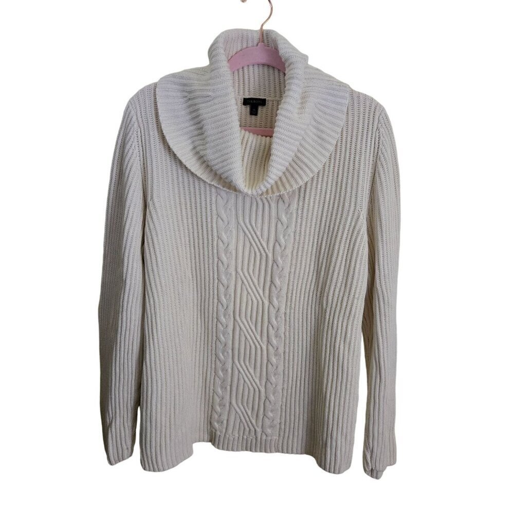 Talbots CableKnit Ivory Cashmere Cotton Cowl Neck Neutral Sweater Size XL
